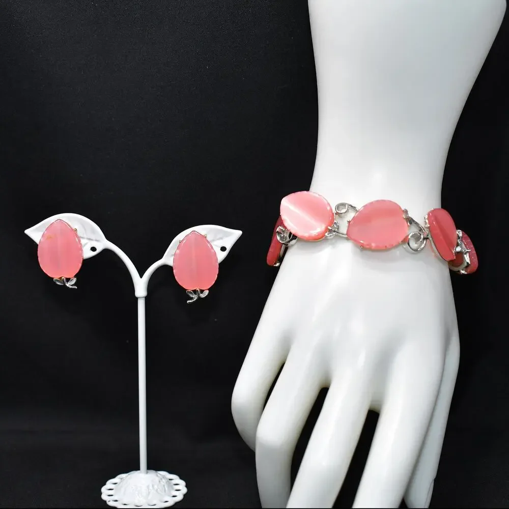 Lisner Pink Lucite Bracelet & Earrings Set Silver Tone 1950s Vintage Jewelry